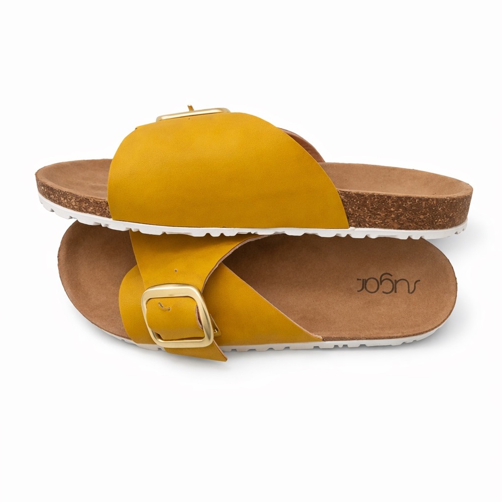 Sugar Mustard Yellow Slide Sandals Size 10 Cork Footbed Buckle - Picture 4 of 7
